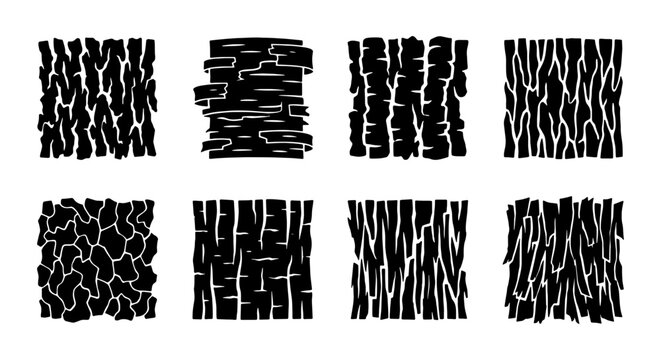 Set of 8 Black and White Wood Grain Textures, Natural Bark Patterns, Organic Surface Designs, Rough Wood Grain Vector Graphics