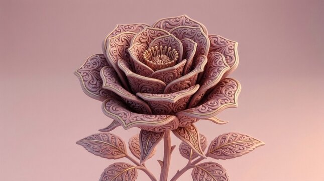 3D studio render of an intricately carved pink wooden rose on a stem, featuring elegant filigree patterns and delicate gold trim on the petals.