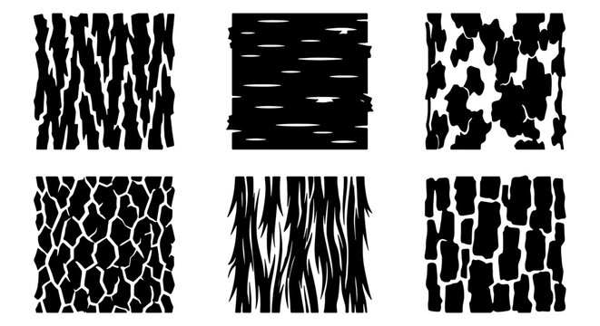 Six Black and White Bark Texture Vector Patterns, Natural Organic Surface Designs, Rough Wood Grain Backgrounds, Abstract Tree Skin Graphics, Forest Elements, Nature Inspired Textures