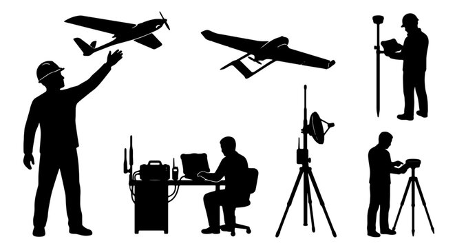 Drone Surveying and Aerial Mapping Icons, Technology and Engineering Silhouettes, Precision Measurement Tools and Equipment