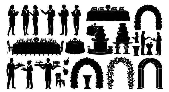 Catering Service Vector Icons: Event Staff, Food Stations, Chocolate Fountains, Arches, and Serving Trays for Banquets and Parties