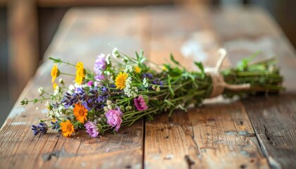 Fresh colorful wildflowers on wooden table. © Cantika