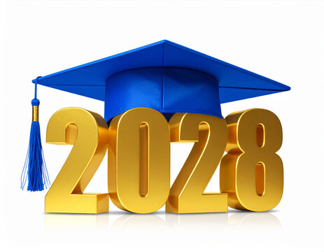 Blue graduation cap on top of a golden 2028, white background. AI