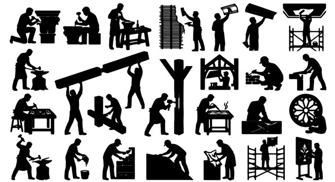 Craftsman Silhouette Collection: Black and White Vector Icons Depicting Manual Labor, Construction, and Artisanal Trades, Ideal for Industrial and Historical Themes