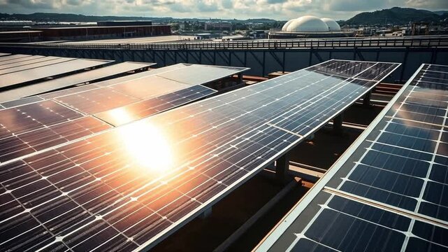 Solar panels on rooftop reflecting sunlight under cloudy sky  