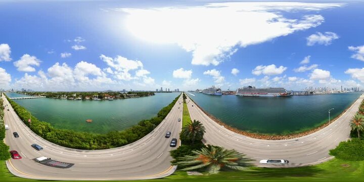 Aerial 360 VR video Miami Beach Port ships and Macarthur Causeway 8k