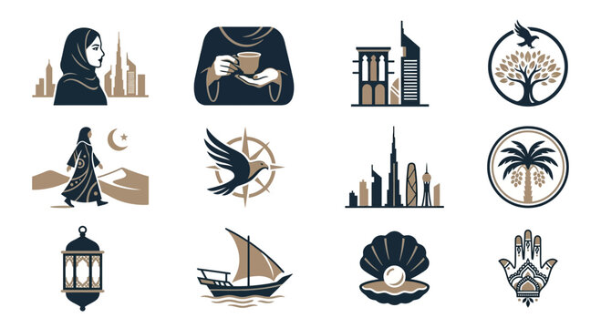 Emirati Icons: Dubai Skyline, Woman, Dhow Boat, Palm Tree, Pearl, Lantern, Falcon, Tree
