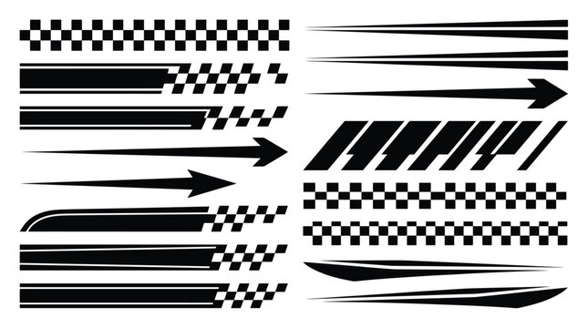 Racing stripes and checkered flag decals, black vinyl car wrap graphics set, automotive speed stickers for vehicle tuning and sports styling