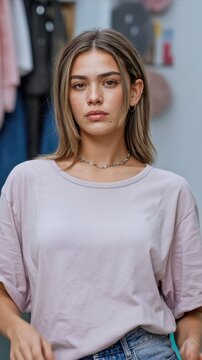 Young woman with shoulder-length hair wearing a light pink t-shirt and a chain necklace, looking confidently at the camera indoors.