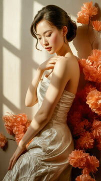 A graceful woman in a silky white dress poses softly against a backdrop of vibrant orange flowers bathed in warm sunlight.