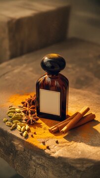 A brown bottle surrounded by cinnamon sticks, cardamom pods, star anise, and ground spices sits on a rustic stone surface in warm light.