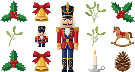 Fototapeta premium Christmas Holiday Icon Collection with Nutcracker Soldier, Holly Leaves, Mistletoe, Golden Bells, Rocking Horse, Pinecone, and Festive Vector Set