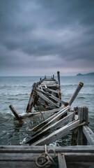 Fototapeta premium Damaged Wooden Pier Extending Into Rough Ocean Under Cloudy Sky