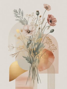 A delicate bouquet of wildflowers and seed pods with soft pastel and golden abstract shapes in the background.