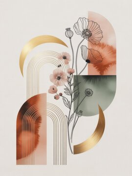 Minimalist floral and geometric abstract art with soft blush, green, and gold accents creating a modern and elegant design.