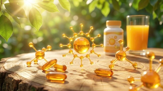 Golden vitamin D3 supplements, intricate molecular models representing a sunshine nutrient, natural light, healthy lifestyle, overall wellbeing, vibrant nature environment