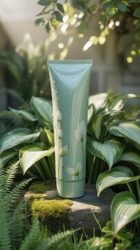 A green cosmetic tube with leaf designs stands on a rock surrounded by lush green plants in a natural, sunlit garden setting.