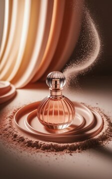 A stylish perfume bottle on a round tray with a fine mist spraying, set against elegant, softly lit drapery and powdered textures.