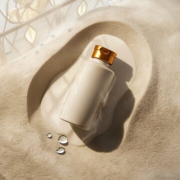 A sleek bottle with a golden cap rests on a textured beige surface, surrounded by liquid drops and soft shadows.