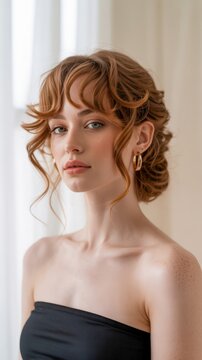 A young woman with curly red hair styled up, wearing gold hoop earrings and a black strapless top, poses against a light neutral background.