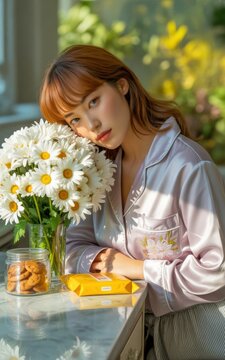 A young woman in satin pajamas leans on a table with a vase of white daisies, bathed in natural sunlight, next to cookies and a yellow package.