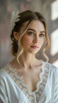 A young woman with blue eyes and wavy blonde hair wearing a lace-trimmed white robe and a decorative hairpiece gazes softly in natural light.