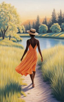 A woman in a flowing orange dress and hat walks barefoot along a riverside path, surrounded by lush greenery and tall trees in golden sunlight.