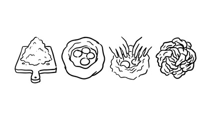 Popsicle, round food, seaweed, and rose in rough line doodle © Raj