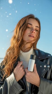 A young woman with long hair wearing a black leather jacket and white turtleneck holds a white bottle against a blue sky with light particles floating around.