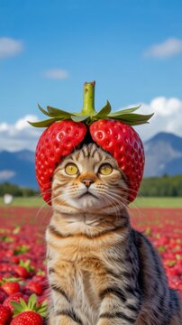 A cat sits in a strawberry field wearing a whimsical strawberry-shaped hat, with mountains and blue sky in the background.