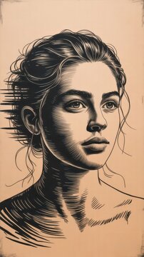 Stylized monochrome portrait illustration of a woman with hair tied back, created with bold lines and shading on a beige background.