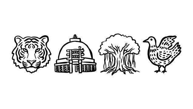 Tiger, monument, tree, and bird in cultural rough doodle line