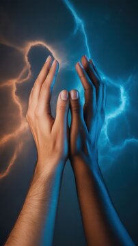 Two hands, one light-skinned and one dark-skinned, nearly touching against a background of contrasting blue and orange lightning streaks.