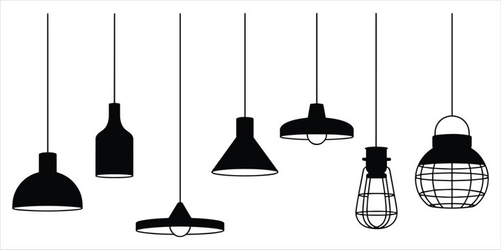 Assortment of black hanging pendant light fixture silhouettes on a white background Keywords: light, lamp, pendant light