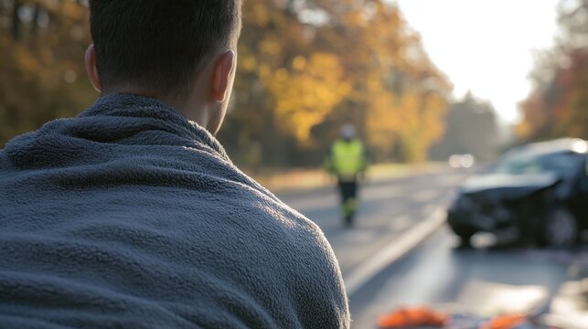 Man wrapped in blanket sitting on roadside observing emergency responder attending to a car accident scene on a sunny autumn day with colorful leaves