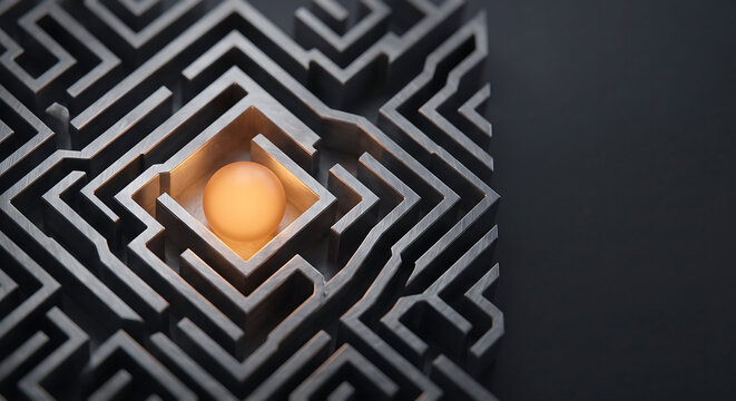 Abstract metal maze with glowing core, complex steel labyrinth puzzle, conceptual business strategy and problem solving background