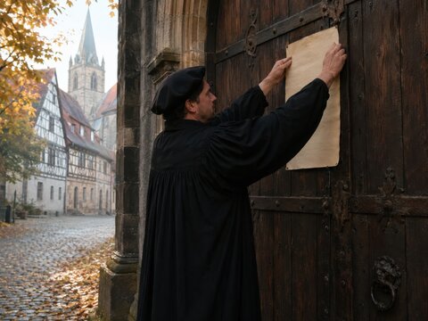 Martin Luther schl&auml;gt seine 95 Thesen an die Kirchent&uuml;r. Historische Darstellung zum Reformationstag in Deutschland vor einer alten Kirche im herbstlichen Ambiente mit authentischer Atmosph&auml;re.