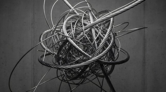 Abstract metallic sculpture with tangled wires. Modern art installation. Creative industrial design piece.