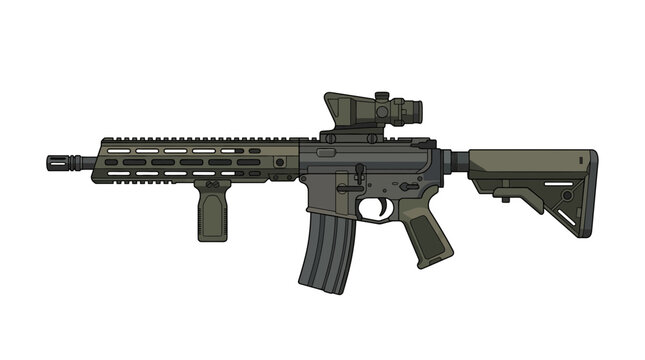 Modern Tactical Assault Rifle Illustration with Optical Sight and Foregrip