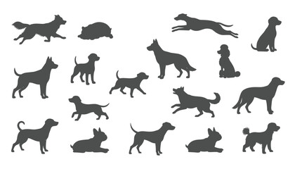 Obraz premium Collection of grey dog silhouettes in various poses and breeds shown standing, running, sitting, and lying on a white background.