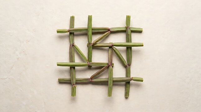 A top down view of fresh Cissus quadrangularis stems arranged into a geometric grid pattern on a plain light background for a medicinal plant concept