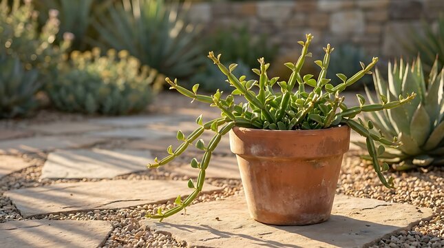 A potted cissus quadrangularis plant resting on a stone patio in a sunlit garden, showcasing its unique succulent stems in a tranquil outdoor setting.