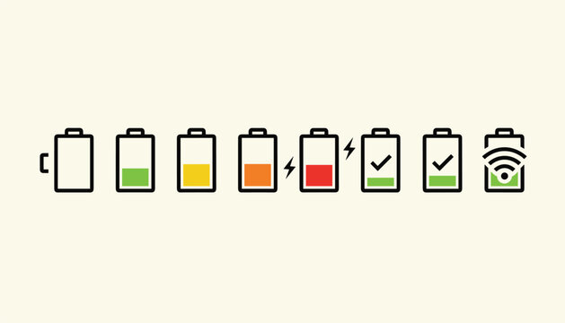 Set of battery level indicators showing different stages of charge from empty to full with charging and wifi icons.