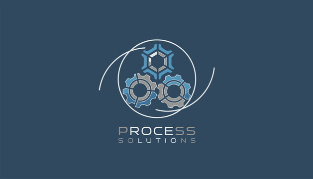 High tech process solutions logo featuring three interlocking gear wheels inside a circle on a dark blue background.