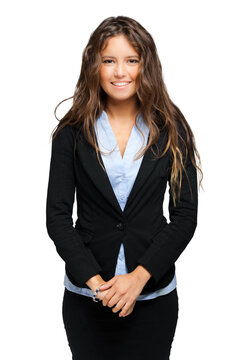 Confident young businesswoman standing isolated on white