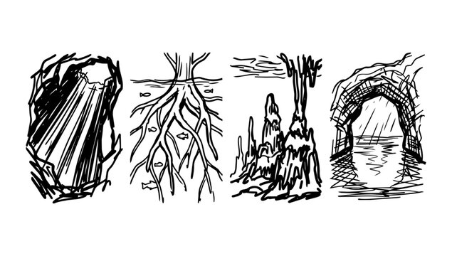 Tree roots, cave, and forest openings in rough line doodle