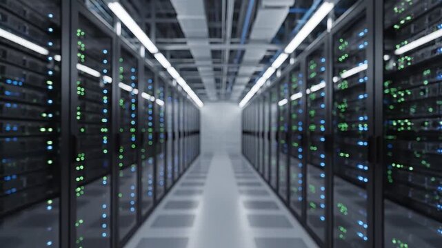 A long, illuminated corridor within a modern data center, showcasing rows of active server racks with glowing lights.