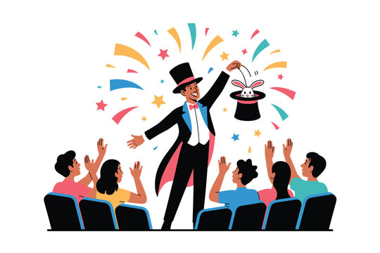Magician performing a magic trick with a rabbit in a hat for an audience in a theater