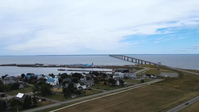 Aerial view of Confederation Bridge maritime infrastructure Prince Edward Island, New Brunswick, Canada