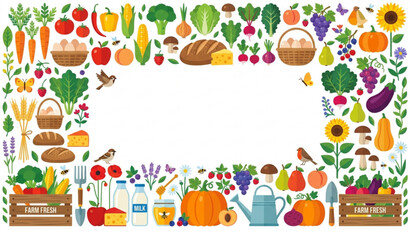 Naklejka premium Organic Farmers Market Promotional Poster with Fresh Harvest Border Vector Template